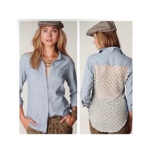 Free People Slubby Chambray Lace Back Road Trip Shirt Small Denim Boho Button Up